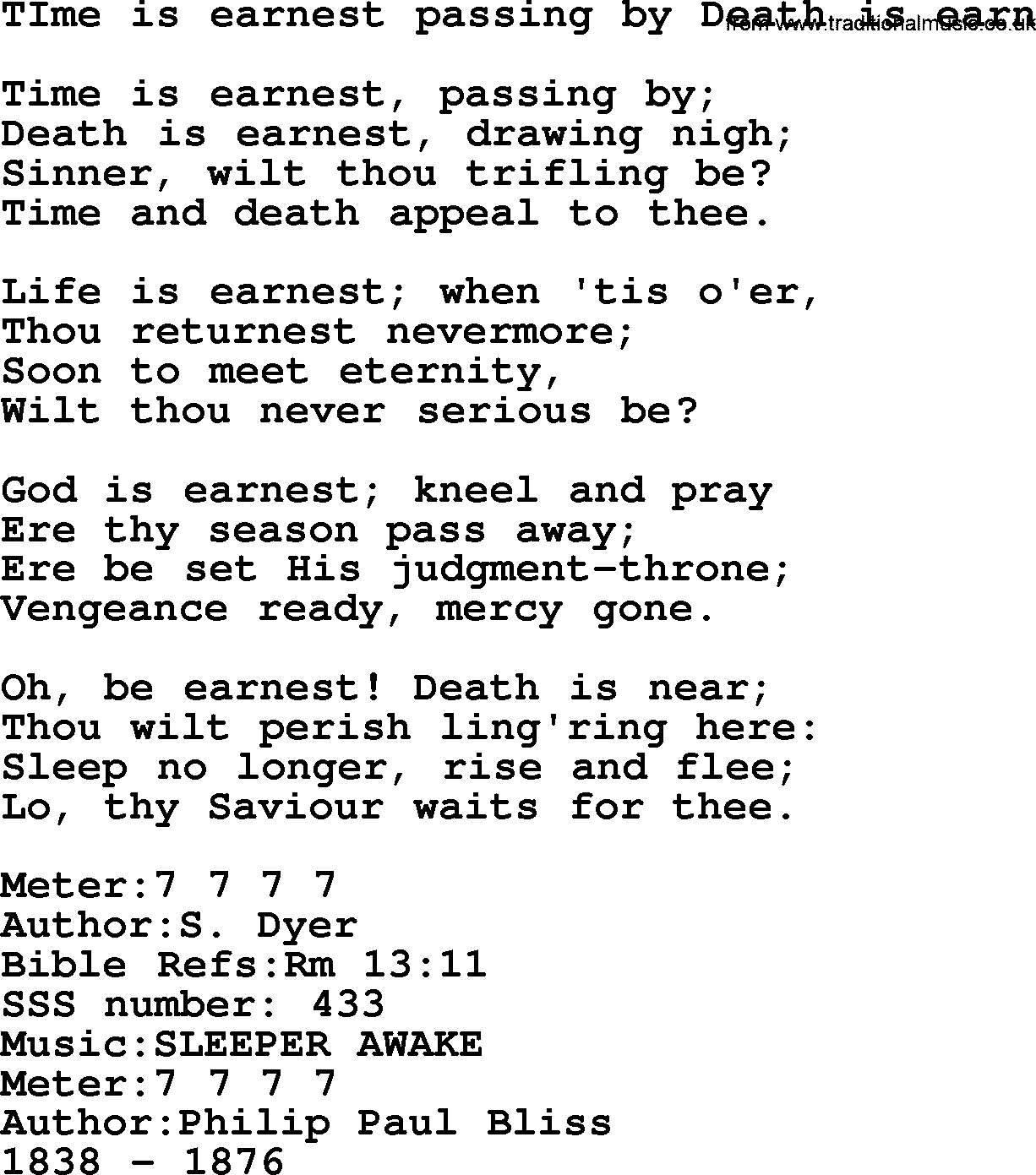 Sacred Songs and Solos complete, 1200 Hymns, title: TIme Is Earnest Passing By Death Is Earn, lyrics and PDF