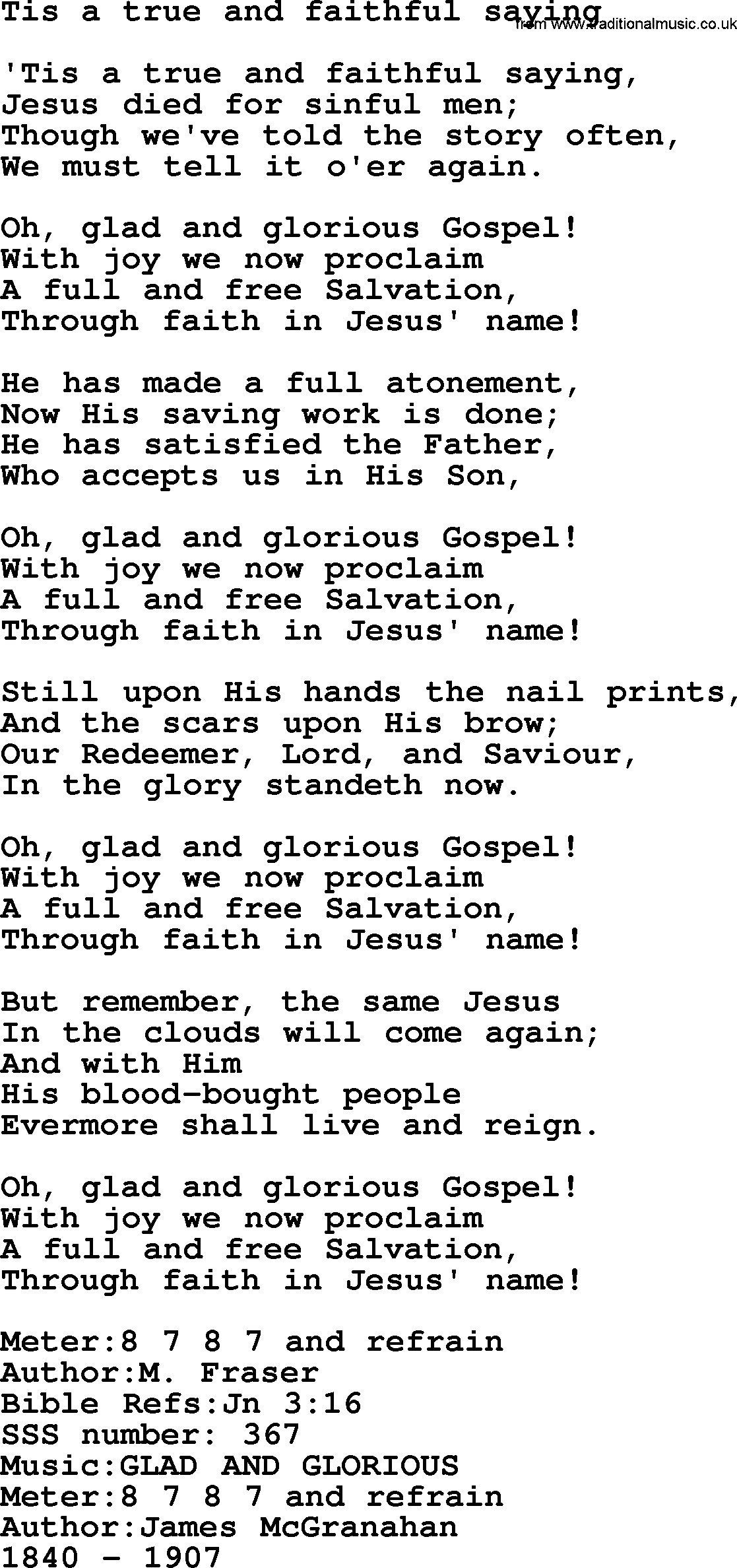 Sacred Songs and Solos complete, 1200 Hymns, title: Tis A True And Faithful Saying, lyrics and PDF