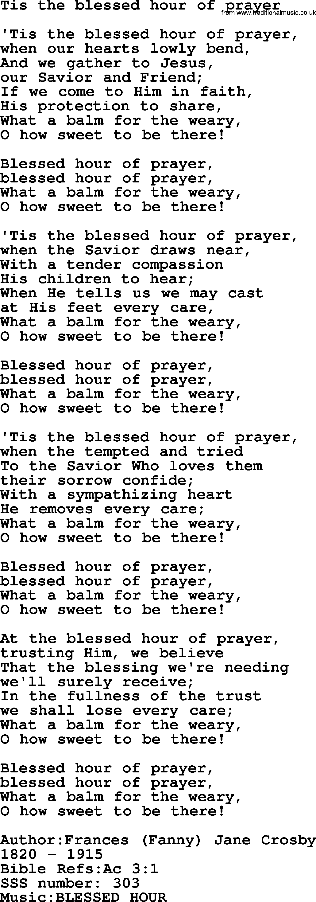 Sacred Songs and Solos complete, 1200 Hymns, title: Tis The Blessed Hour Of Prayer, lyrics and PDF