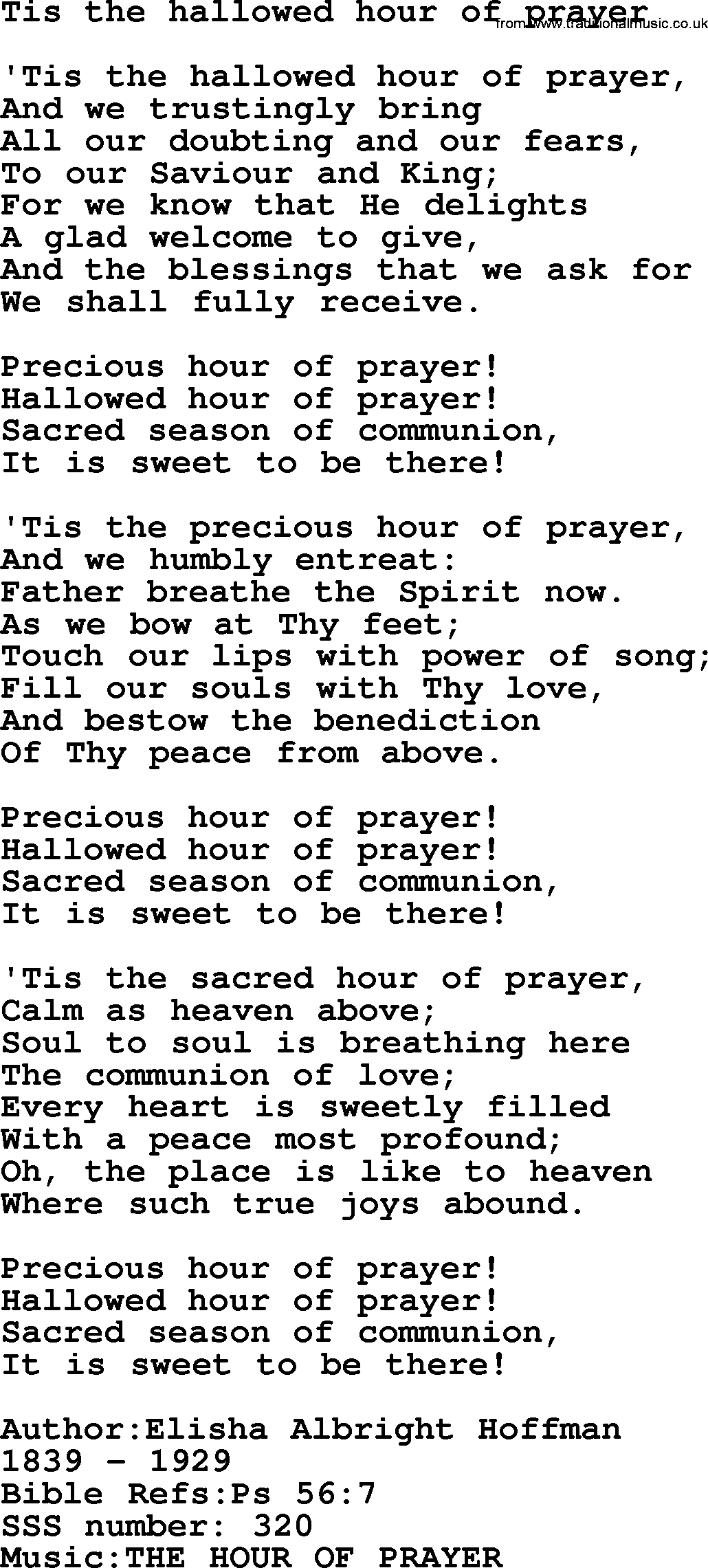 Sacred Songs and Solos complete, 1200 Hymns, title: Tis The Hallowed Hour Of Prayer, lyrics and PDF