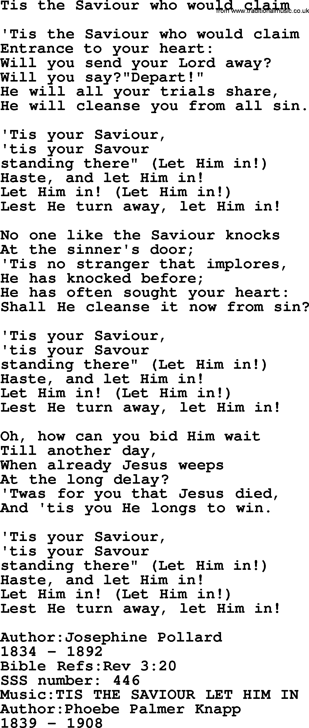 Sacred Songs and Solos complete, 1200 Hymns, title: Tis The Saviour Who Would Claim, lyrics and PDF