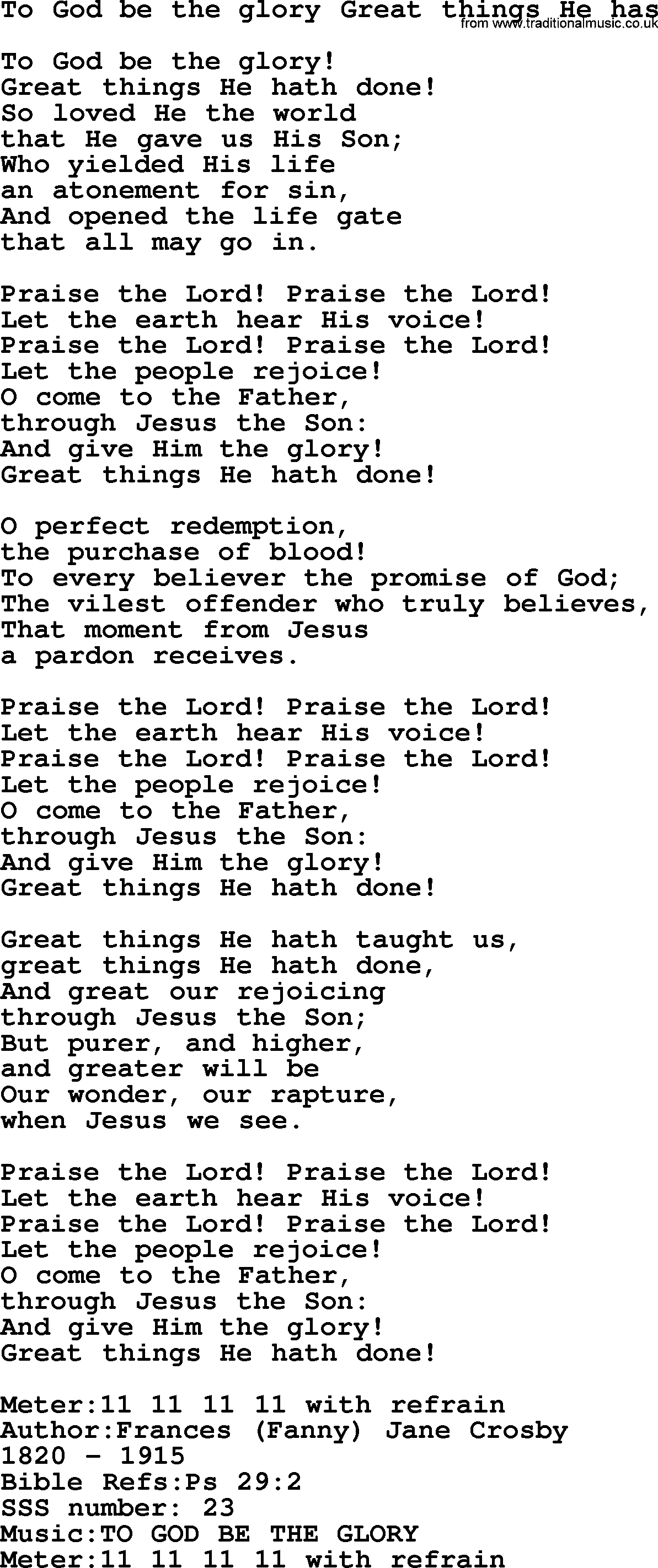 Sacred Songs and Solos complete, 1200 Hymns, title: To God Be The Glory Great Things He Has, lyrics and PDF