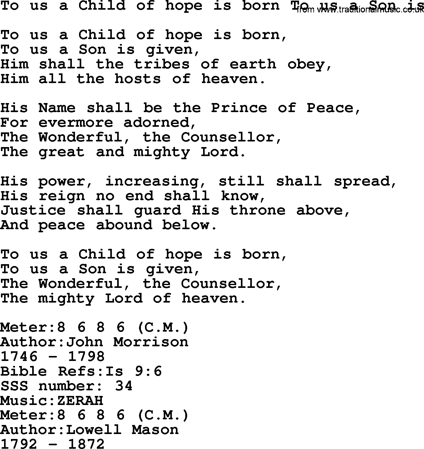 Sacred Songs and Solos complete, 1200 Hymns, title: To Us A Child Of Hope Is Born To Us A Son Is, lyrics and PDF