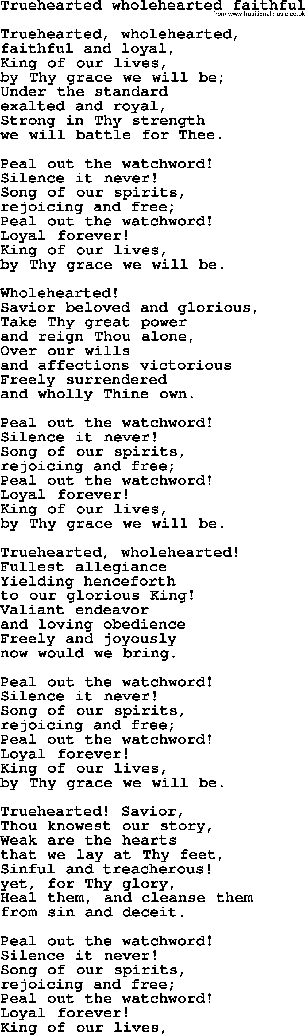 Sacred Songs and Solos complete, 1200 Hymns, title: Truehearted Wholehearted Faithful, lyrics and PDF