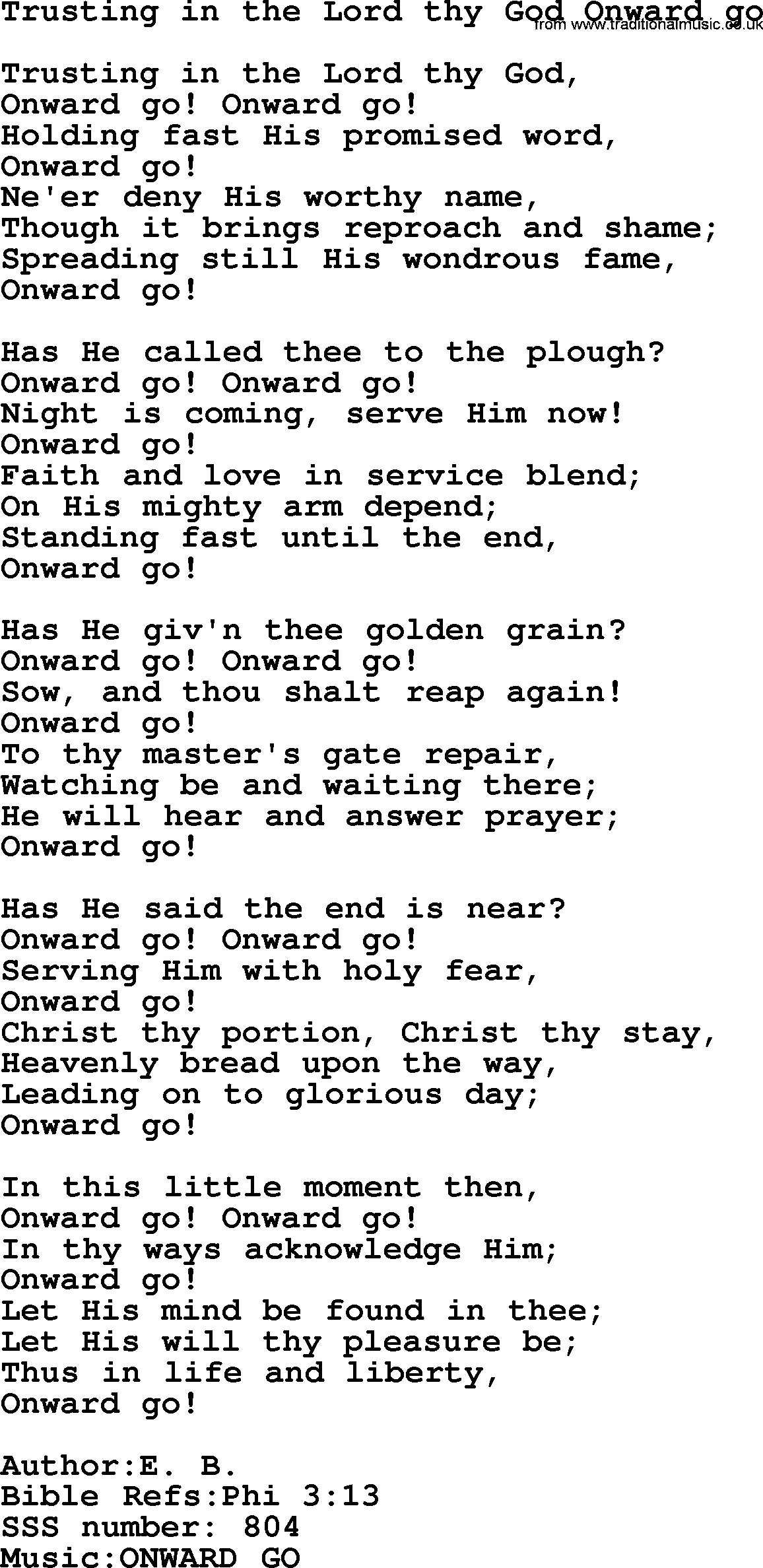 Sacred Songs and Solos complete, 1200 Hymns, title: Trusting In The Lord Thy God Onward Go, lyrics and PDF