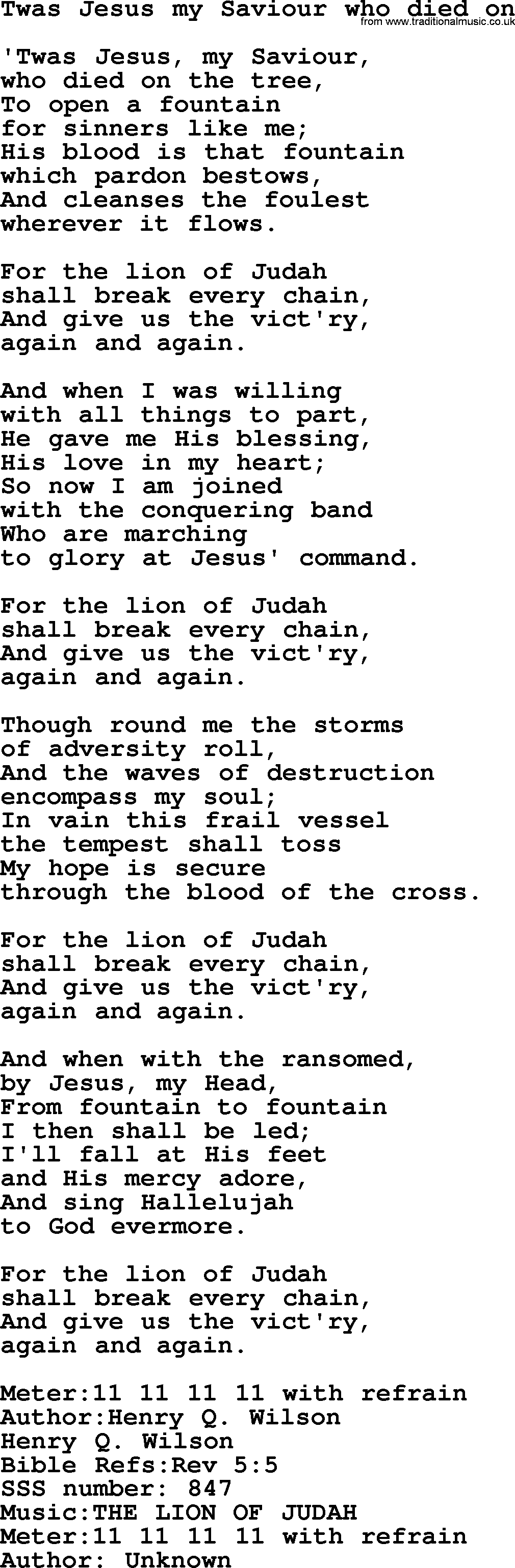 Sacred Songs and Solos complete, 1200 Hymns, title: Twas Jesus My Saviour Who Died On, lyrics and PDF