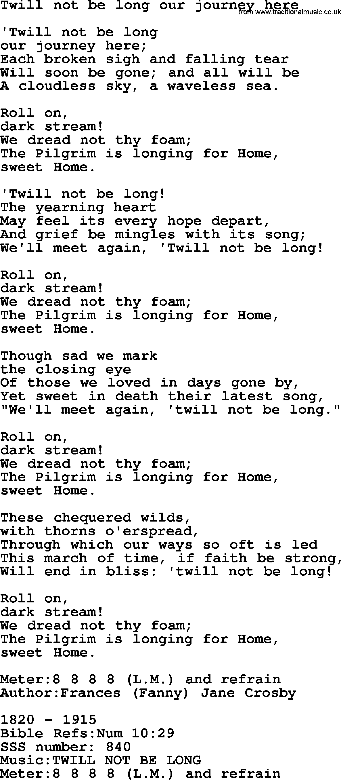 Sacred Songs and Solos complete, 1200 Hymns, title: Twill Not Be Long Our Journey Here, lyrics and PDF