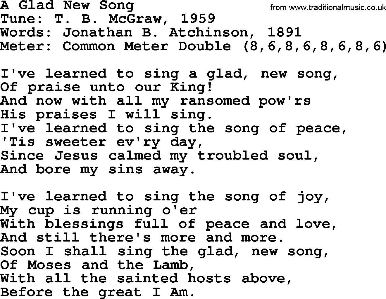 Sacred Harp songs collection, song: A Glad New Song, lyrics and PDF