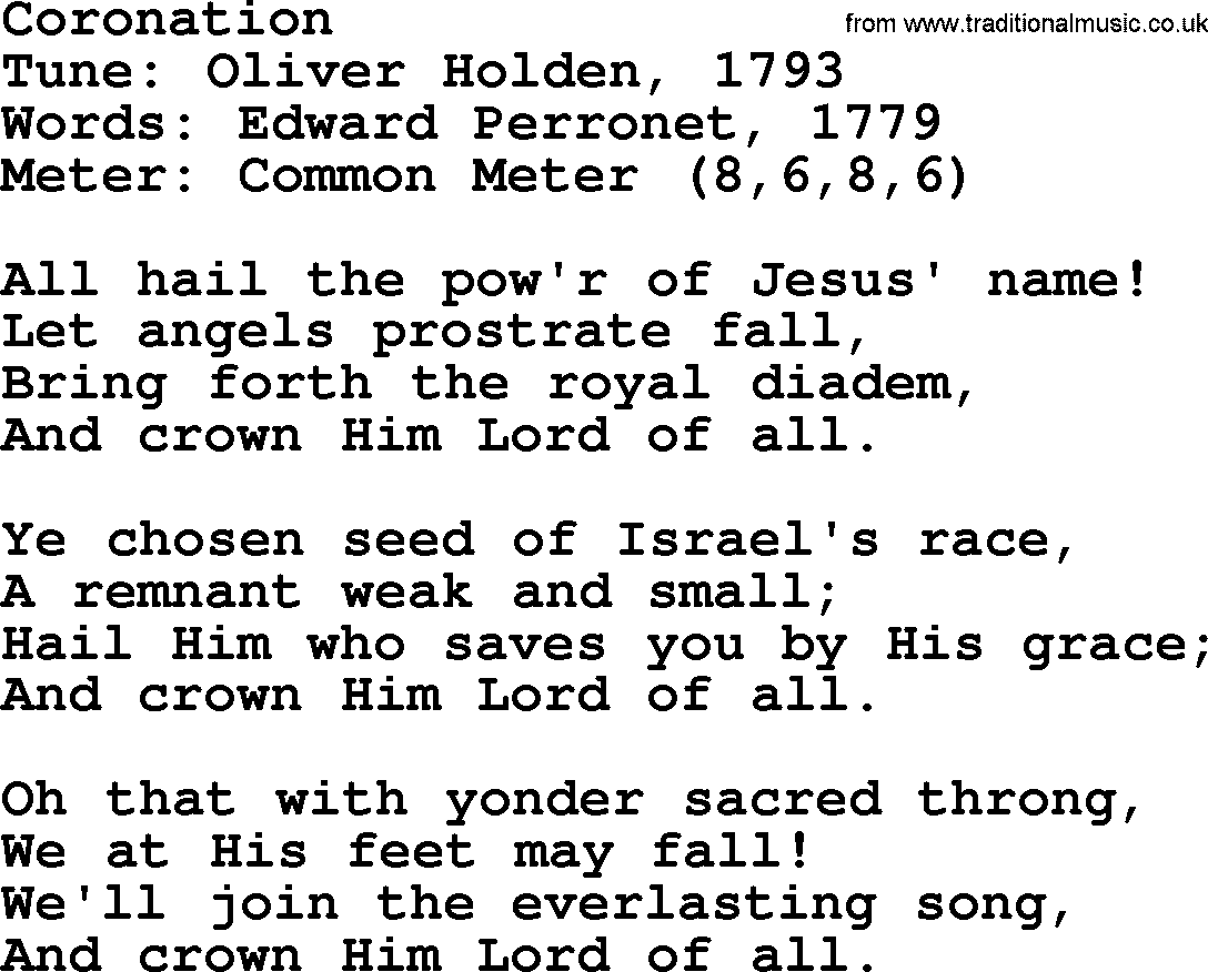 Sacred Harp songs collection, song: Coronation, lyrics and PDF
