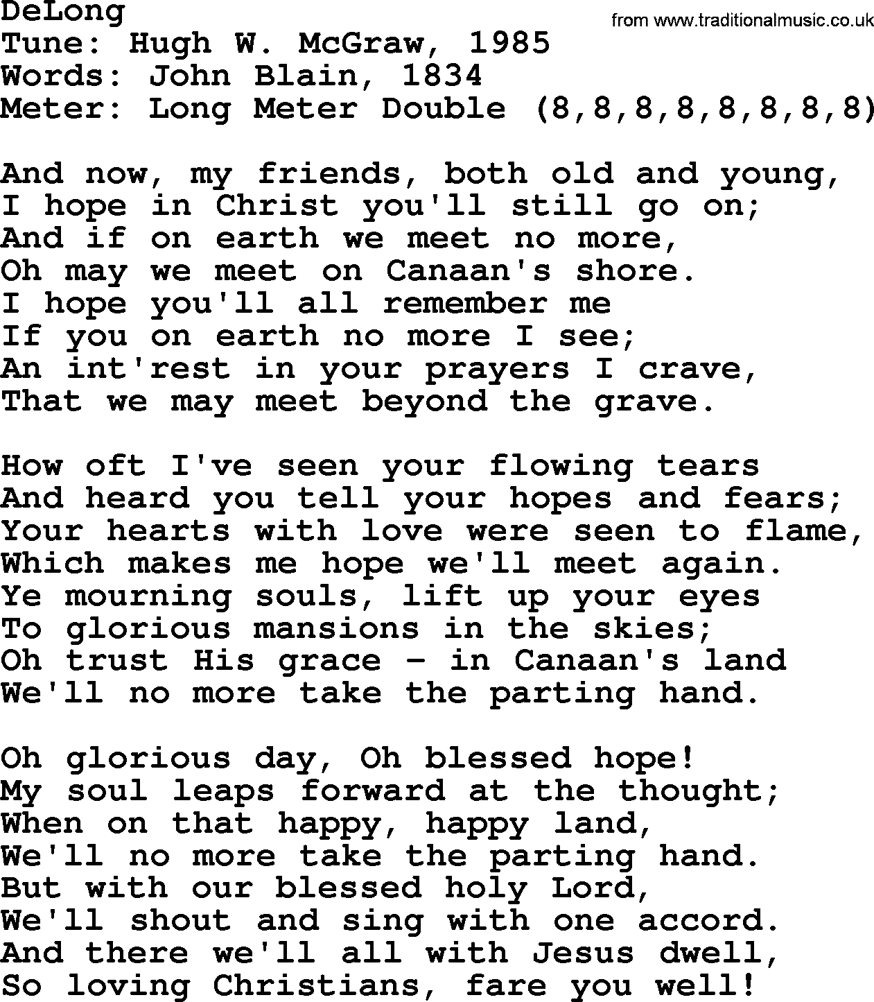 Sacred Harp songs collection, song: DeLong, lyrics and PDF