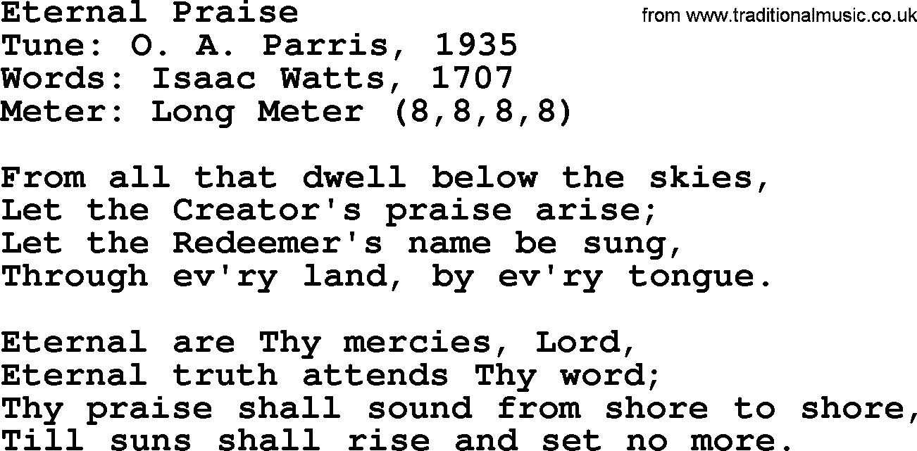 Sacred Harp songs collection, song: Eternal Praise, lyrics and PDF