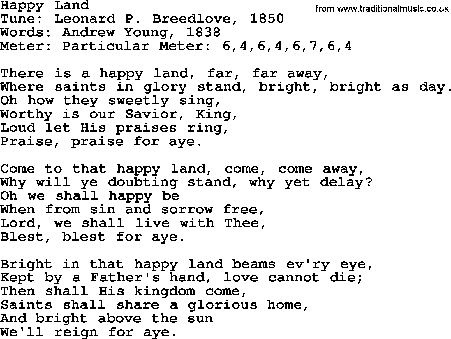 Sacred Harp songs collection, song: Happy Land, lyrics and PDF