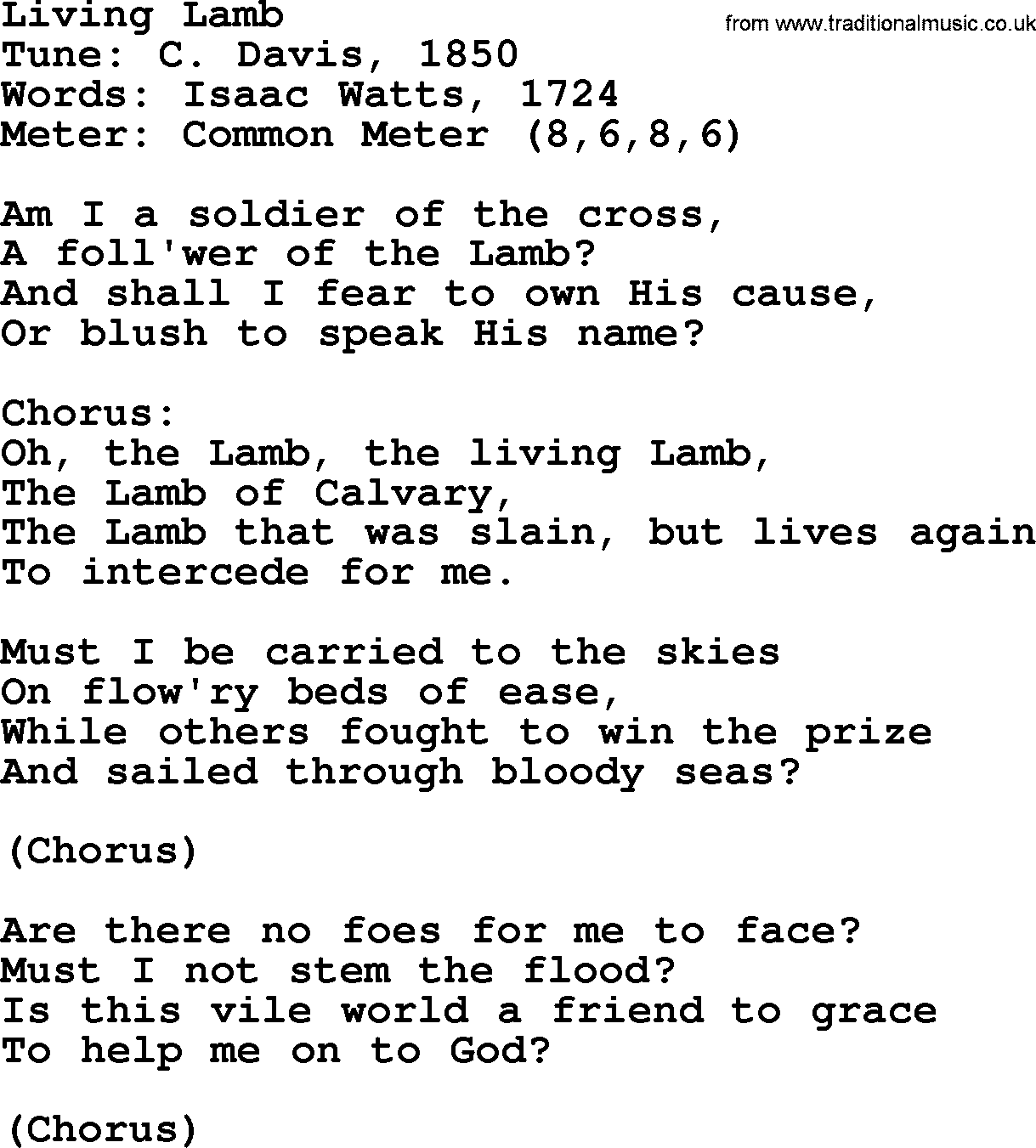 Sacred Harp songs collection, song: Living Lamb, lyrics and PDF