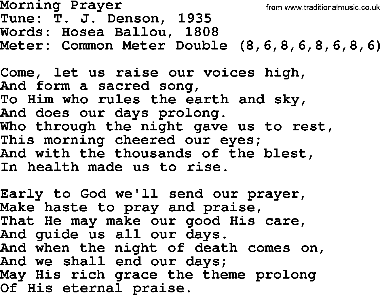 Sacred Harp songs collection, song: Morning Prayer, lyrics and PDF