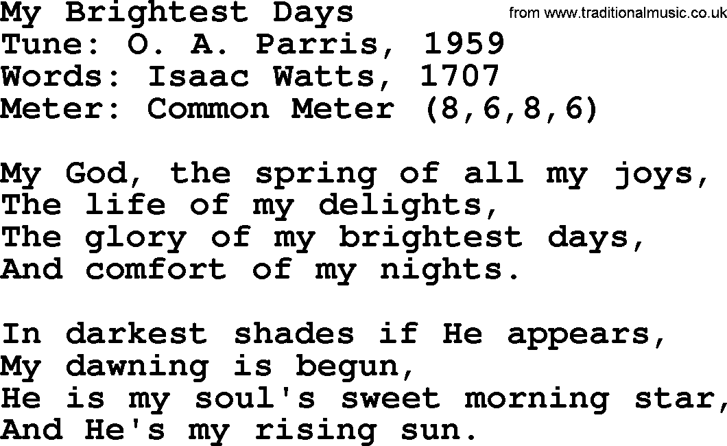 Sacred Harp songs collection, song: My Brightest Days, lyrics and PDF