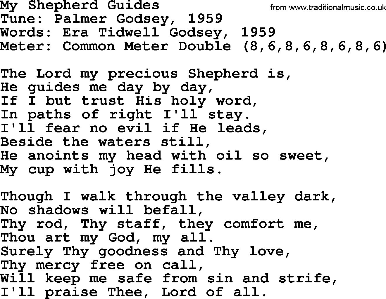 Sacred Harp songs collection, song: My Shepherd Guides, lyrics and PDF