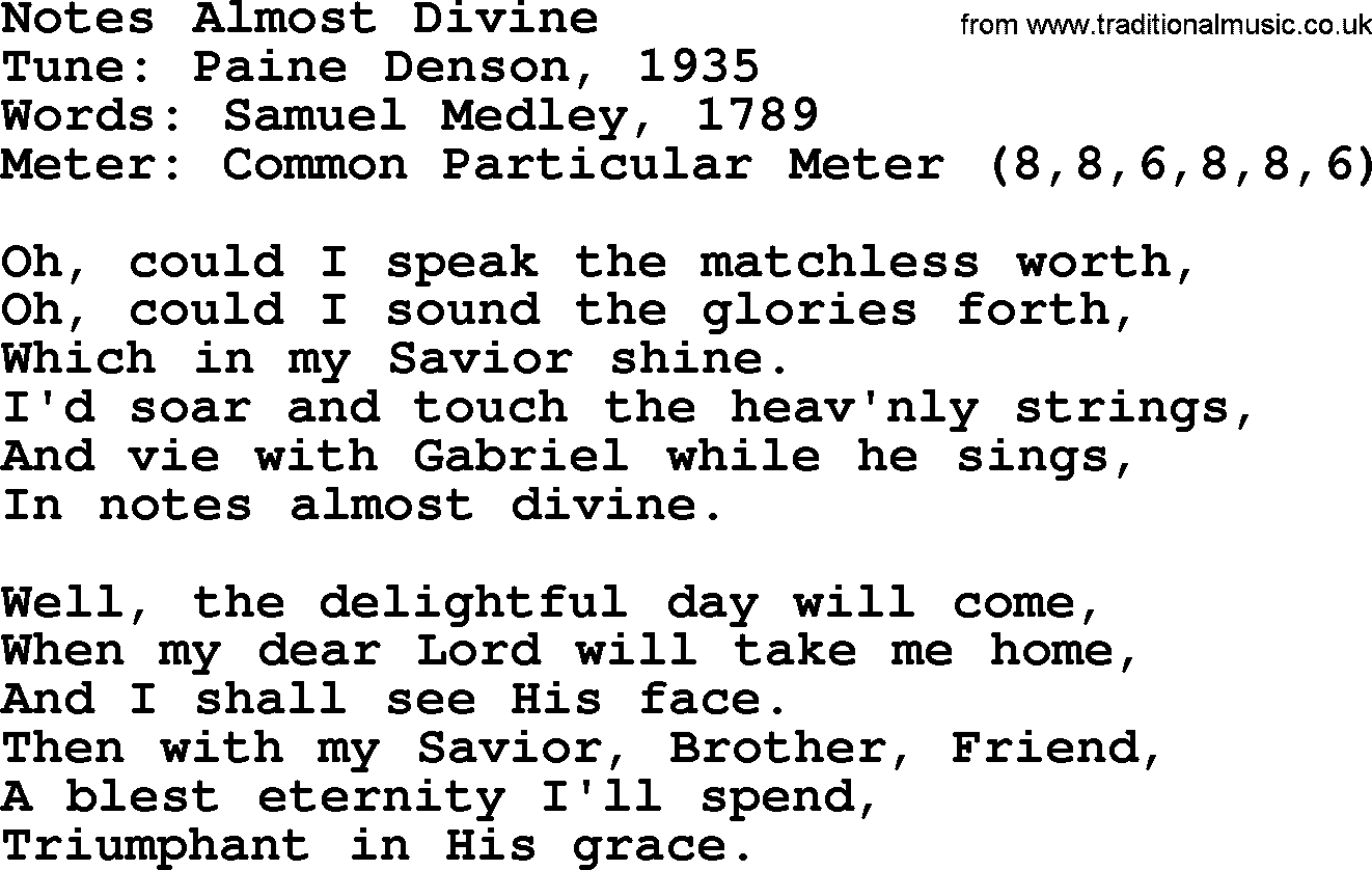 Sacred Harp songs collection, song: Notes Almost Divine, lyrics and PDF