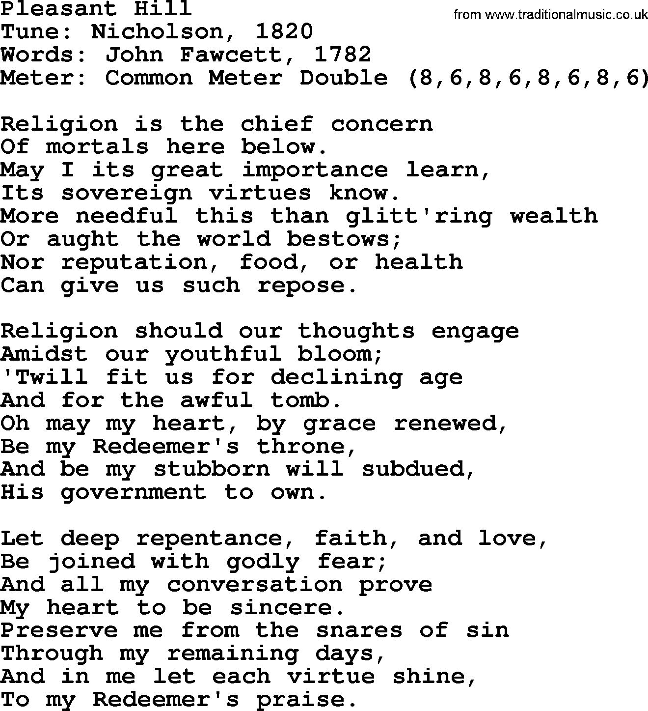 Sacred Harp songs collection, song: Pleasant Hill, lyrics and PDF