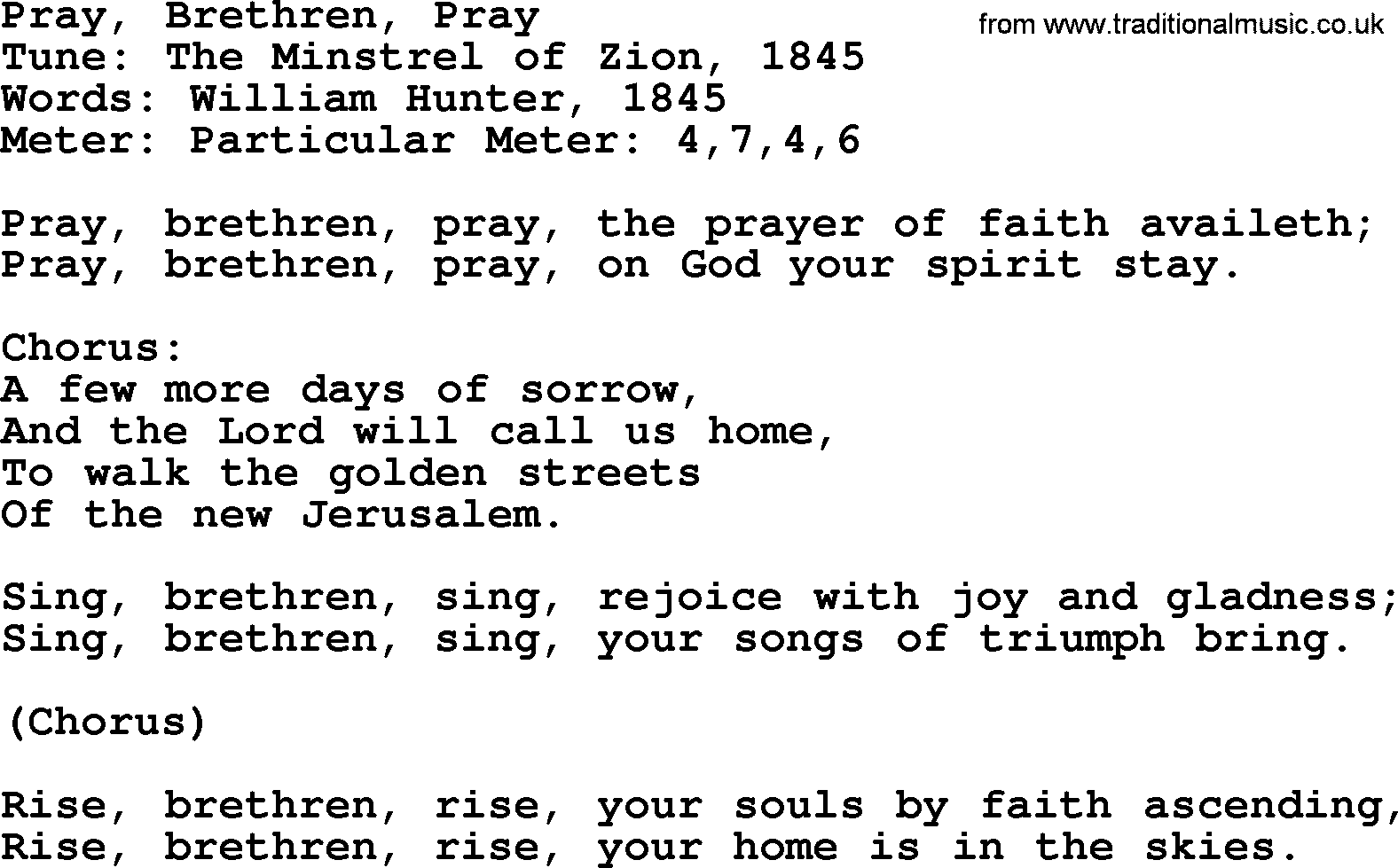 Sacred Harp songs collection, song: Pray, Brethren, Pray, lyrics and PDF