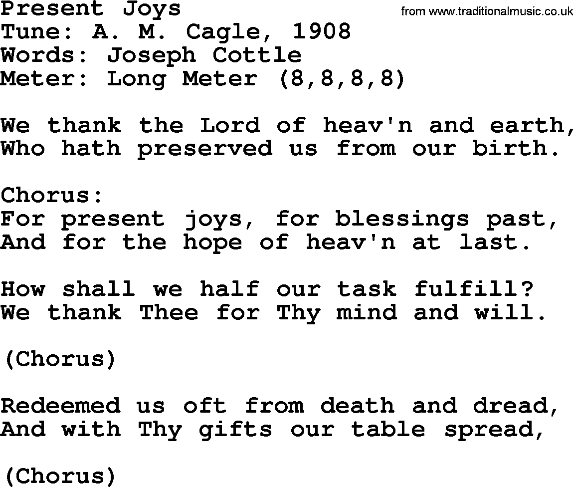Sacred Harp songs collection, song: Present Joys, lyrics and PDF