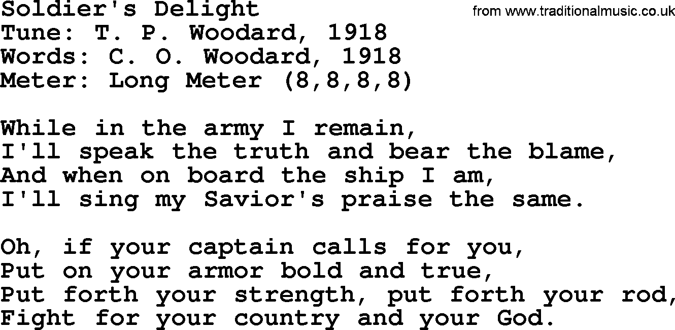 Sacred Harp songs collection, song: Soldier's Delight, lyrics and PDF