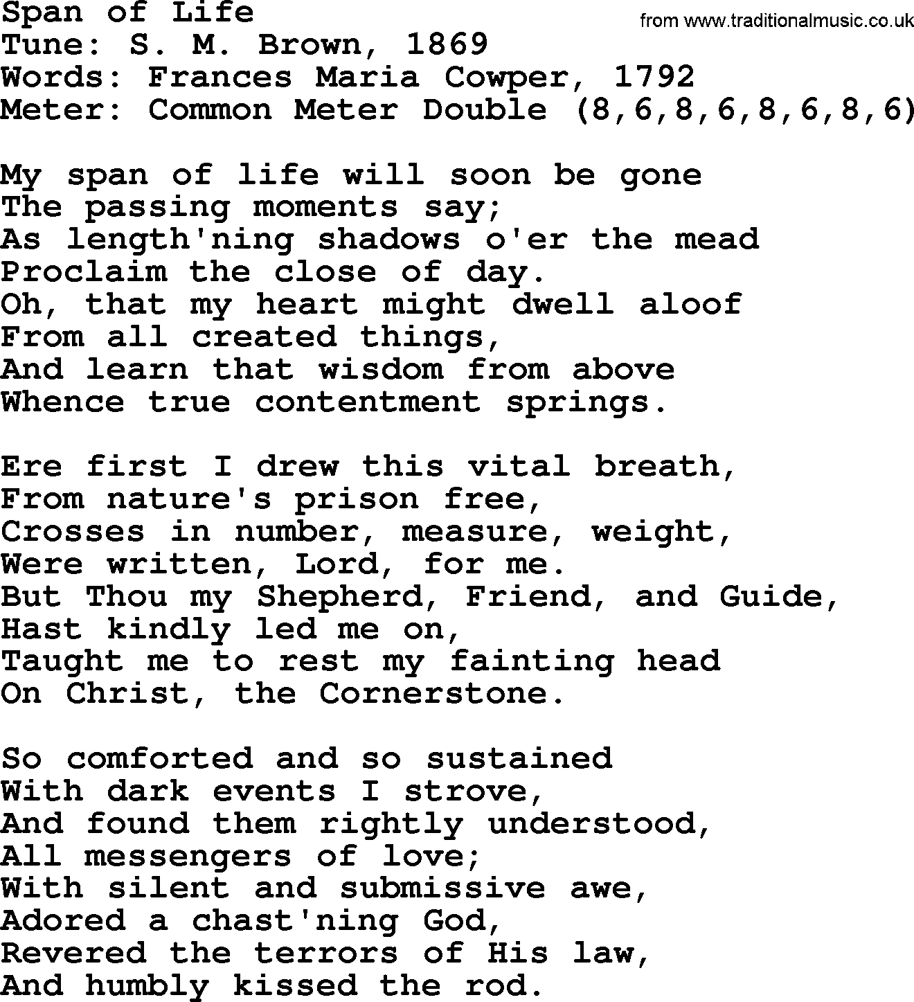 Sacred Harp songs collection, song: Span Of Life, lyrics and PDF