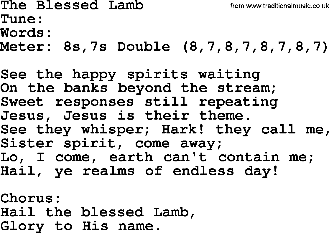 Sacred Harp songs collection, song: The Blessed Lamb, lyrics and PDF