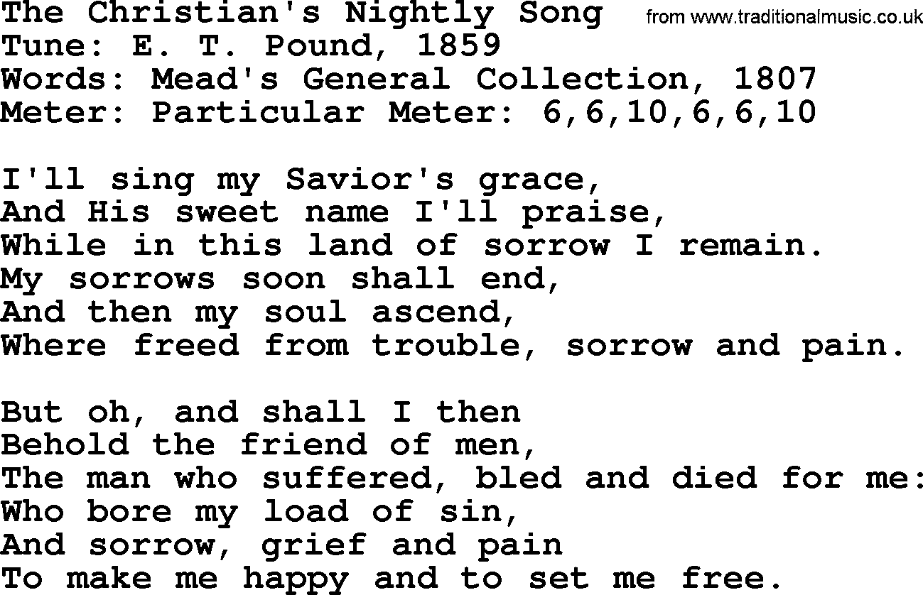 Sacred Harp songs collection, song: The Christian's Nightly Song, lyrics and PDF