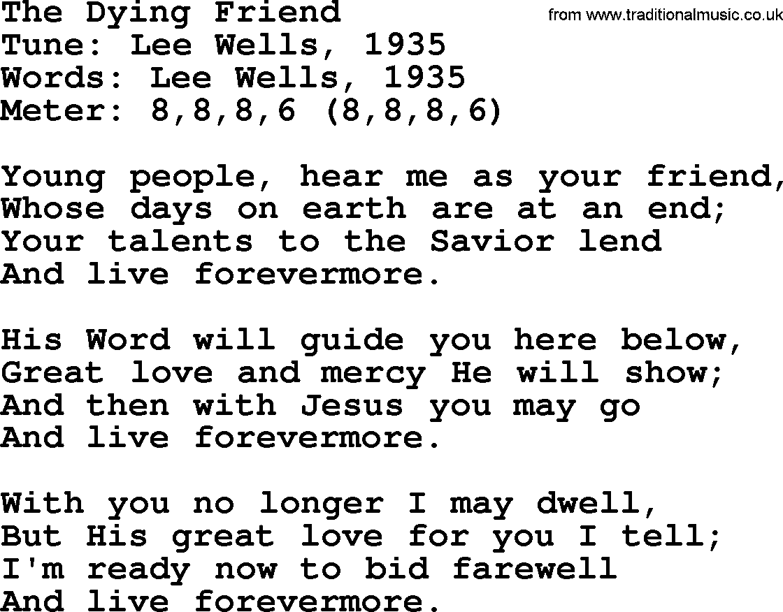 Sacred Harp songs collection, song: The Dying Friend, lyrics and PDF