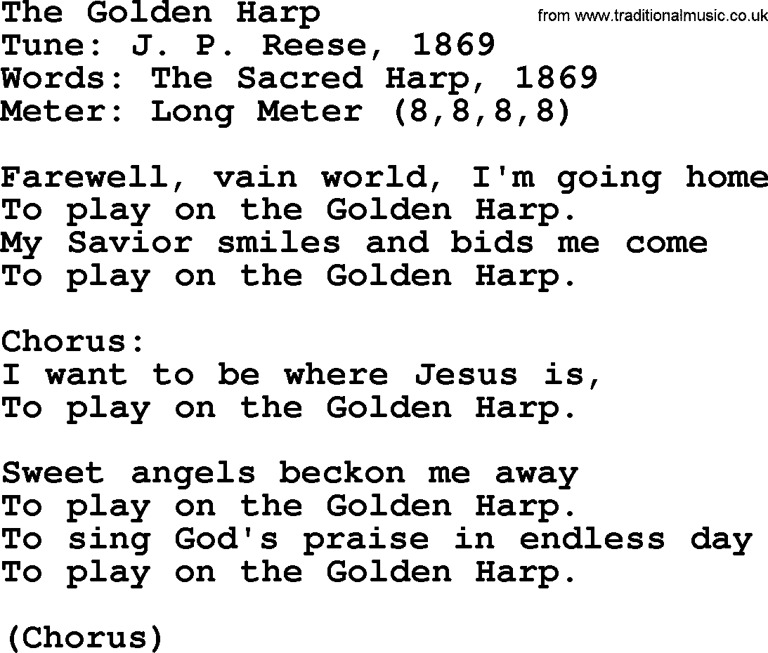 Sacred Harp songs collection, song: The Golden Harp, lyrics and PDF
