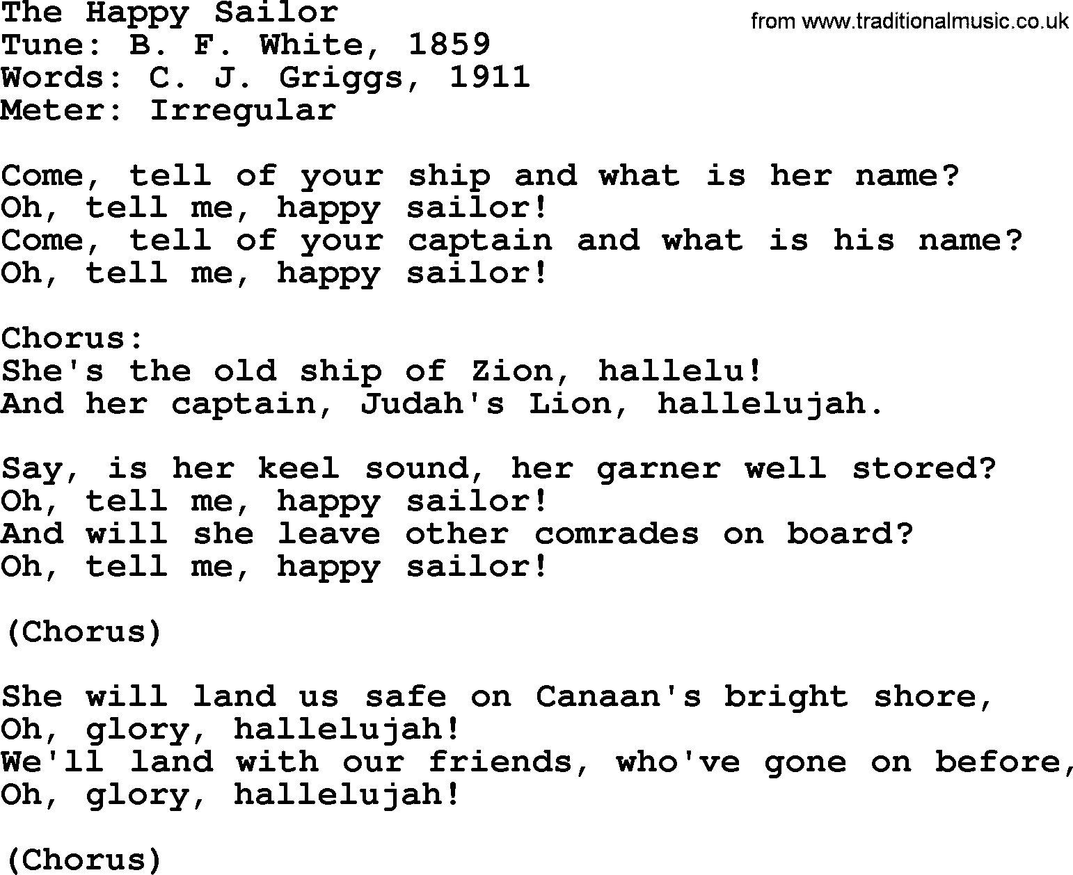 Sacred Harp Song The Happy Sailor lyrics, and PDF