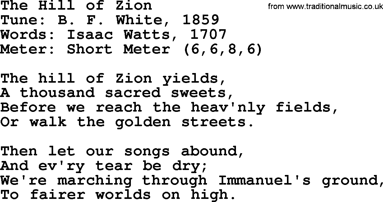 Sacred Harp songs collection, song: The Hill Of Zion, lyrics and PDF