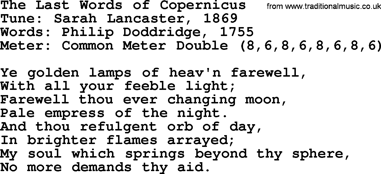 Sacred Harp songs collection, song: The Last Words Of Copernicus, lyrics and PDF
