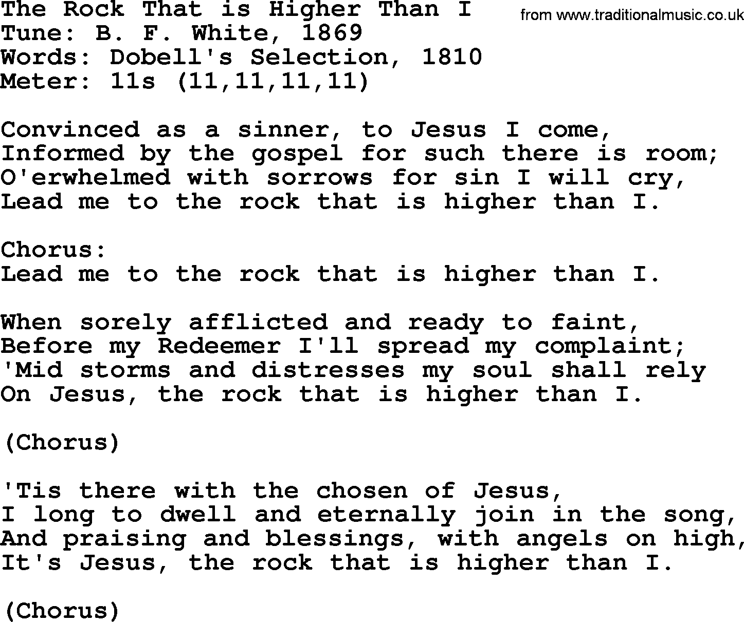 Sacred Harp songs collection, song: The Rock That Is Higher Than I, lyrics and PDF