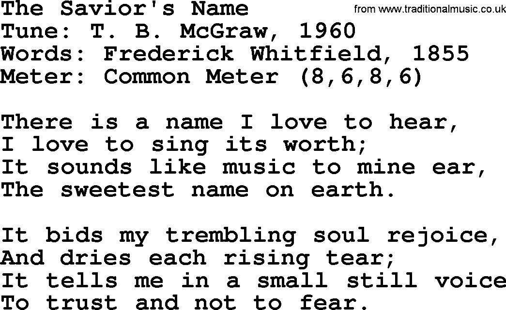 Sacred Harp songs collection, song: The Savior's Name, lyrics and PDF