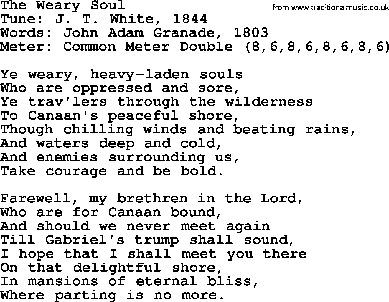 Sacred Harp songs collection, song: The Weary Soul, lyrics and PDF