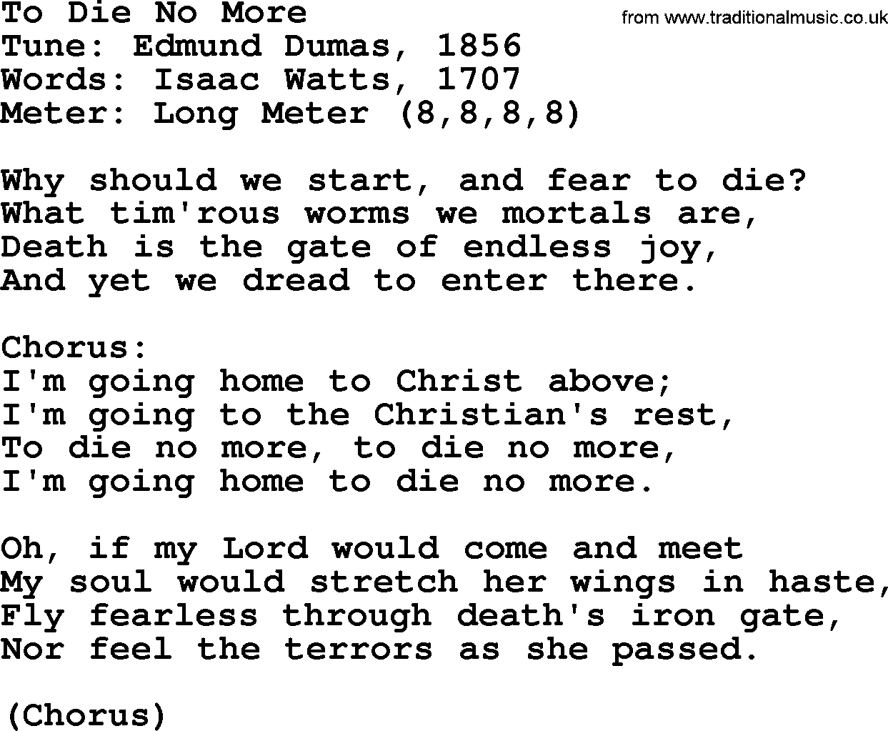 Sacred Harp songs collection, song: To Die No More, lyrics and PDF