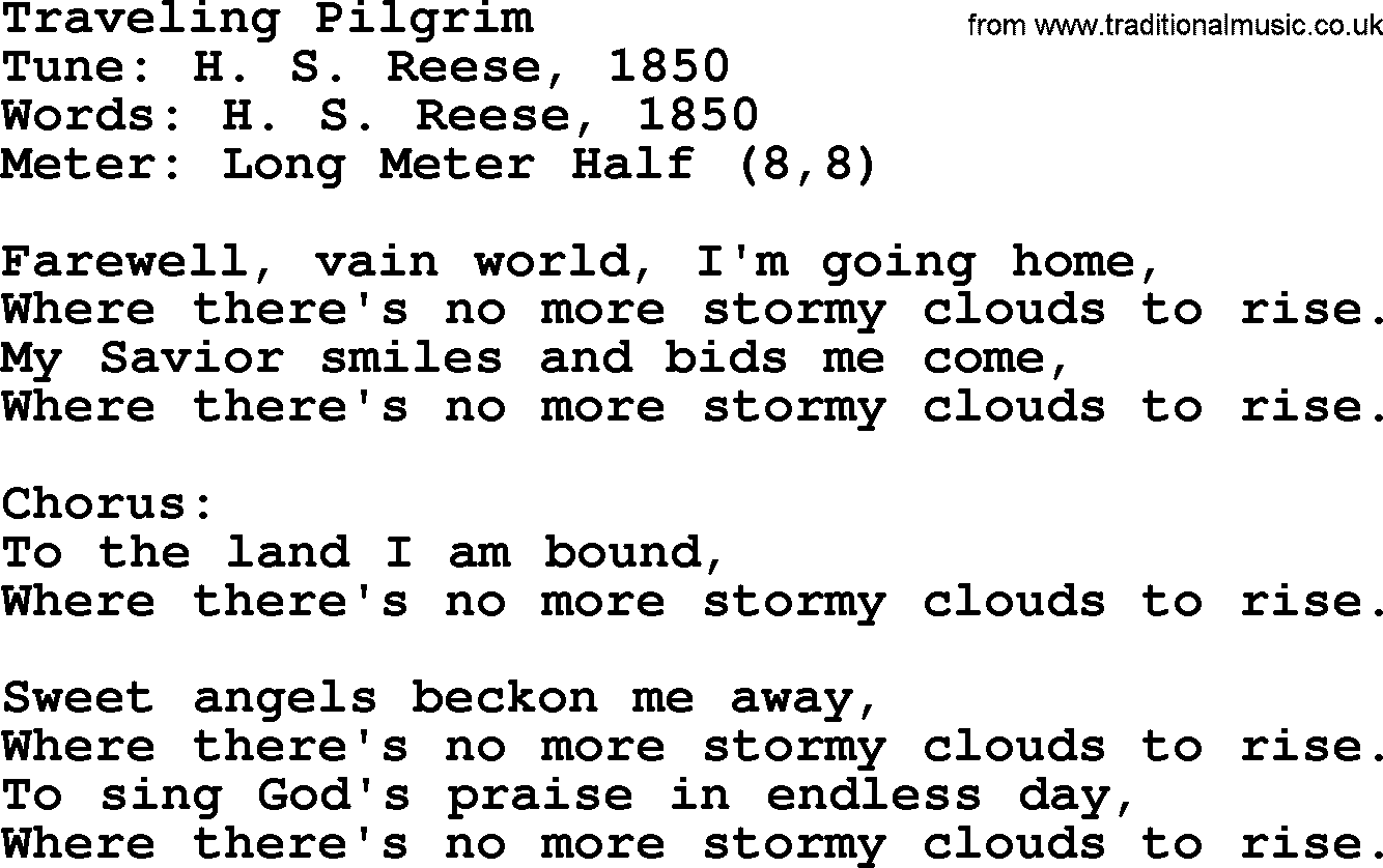 Sacred Harp songs collection, song: Traveling Pilgrim, lyrics and PDF