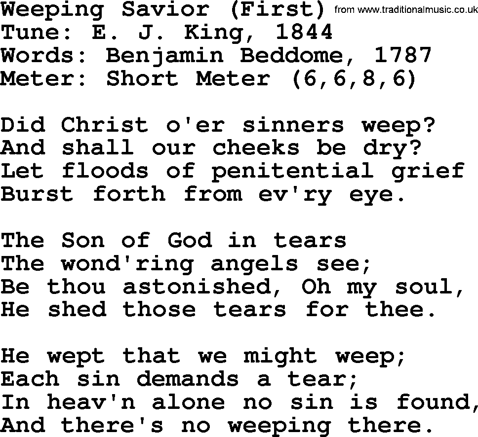 Sacred Harp songs collection, song: Weeping Savior (First), lyrics and PDF