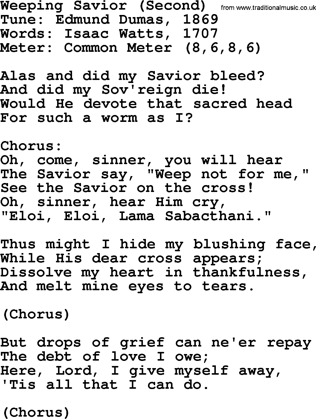 Sacred Harp songs collection, song: Weeping Savior (Second), lyrics and PDF
