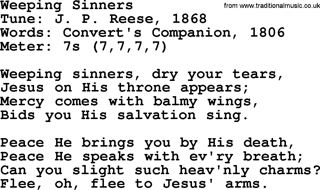 Sacred Harp songs collection, song: Weeping Sinners, lyrics and PDF