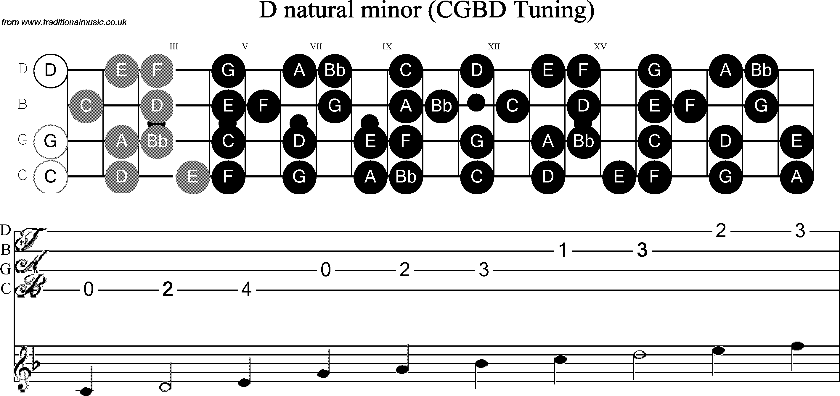 Scale, stave and neck diagram for Banjo(C / plectrunm tuned) D Minor