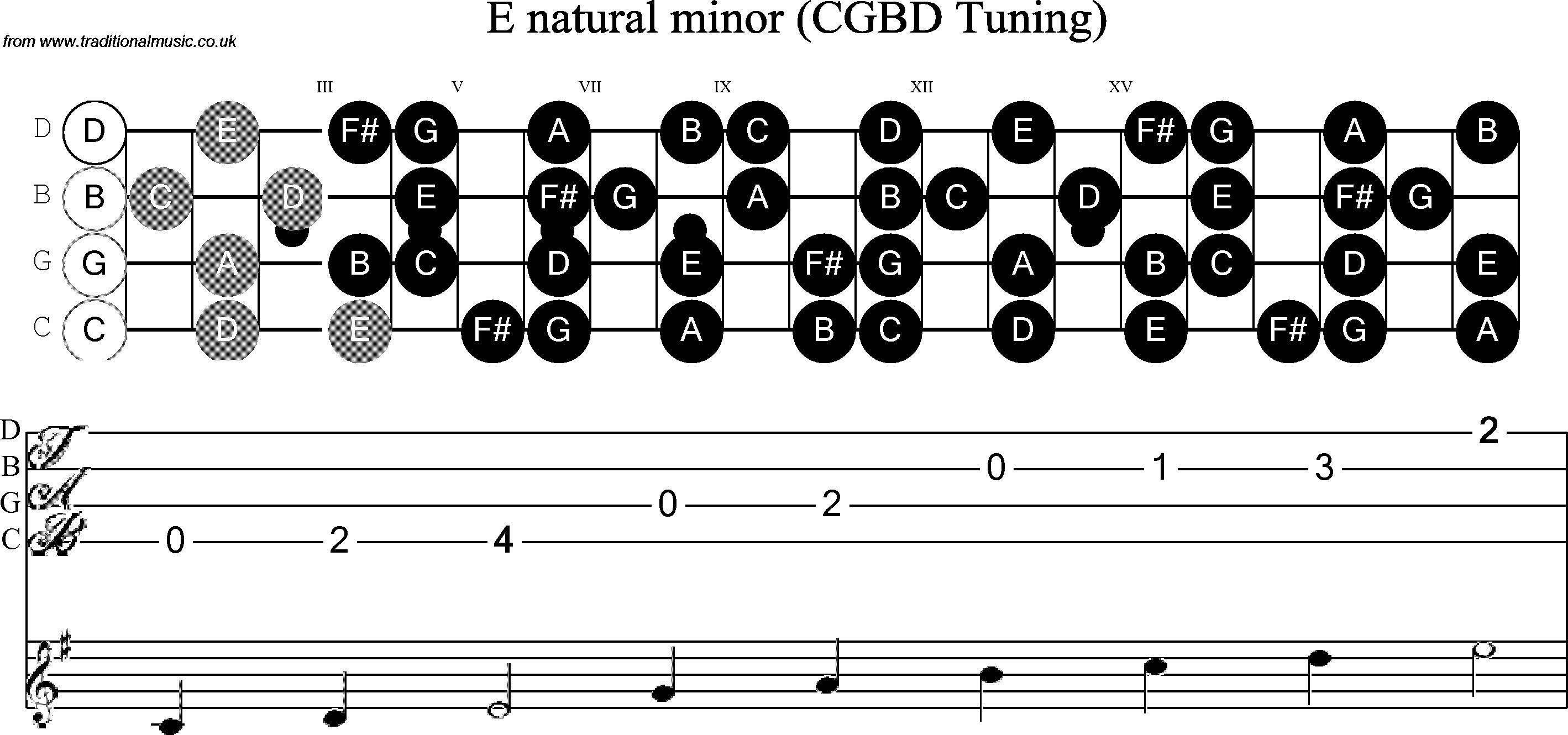 Scale, stave and neck diagram for Banjo(C / plectrunm tuned) E Minor
