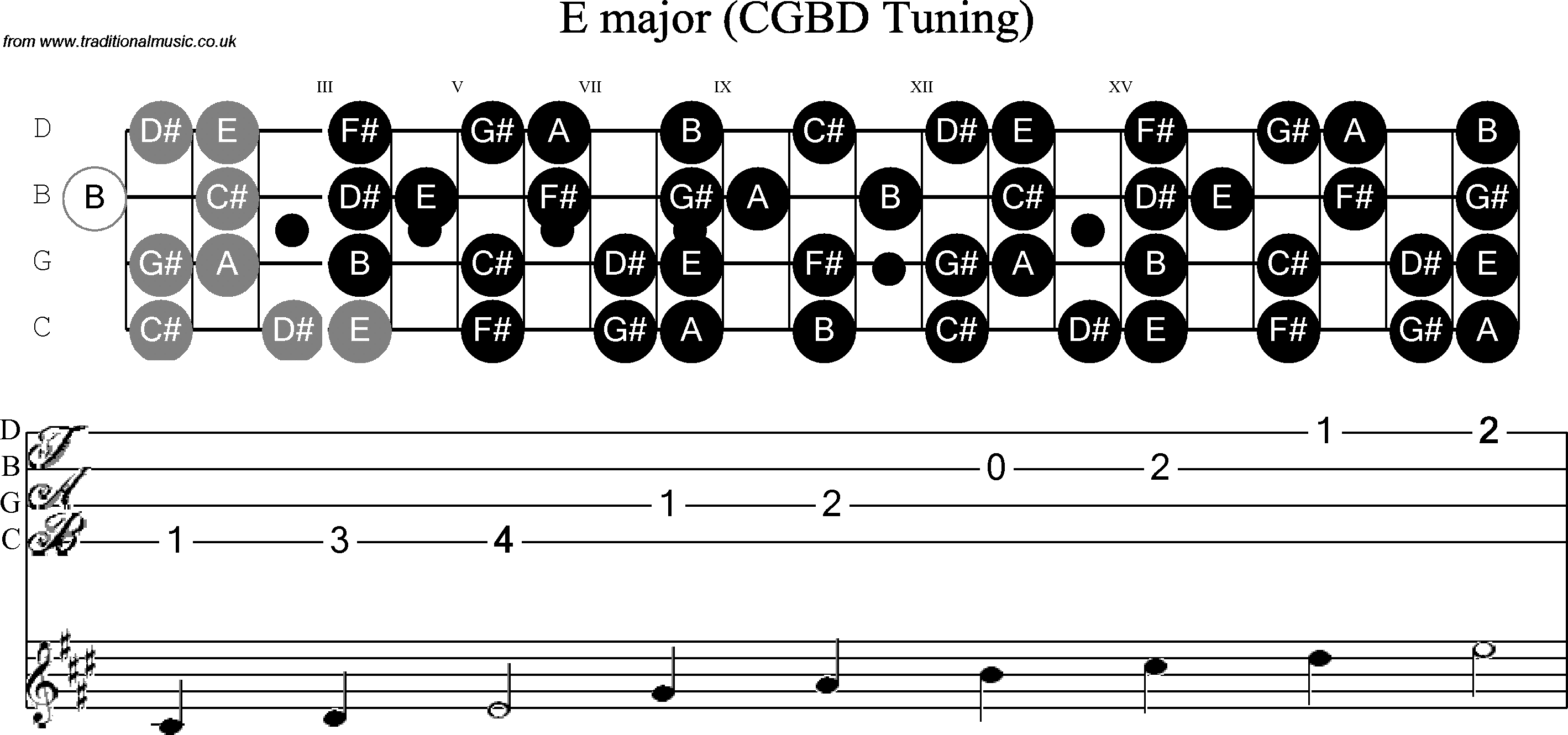 Scale, stave and neck diagram for Banjo(C / plectrunm tuned) E