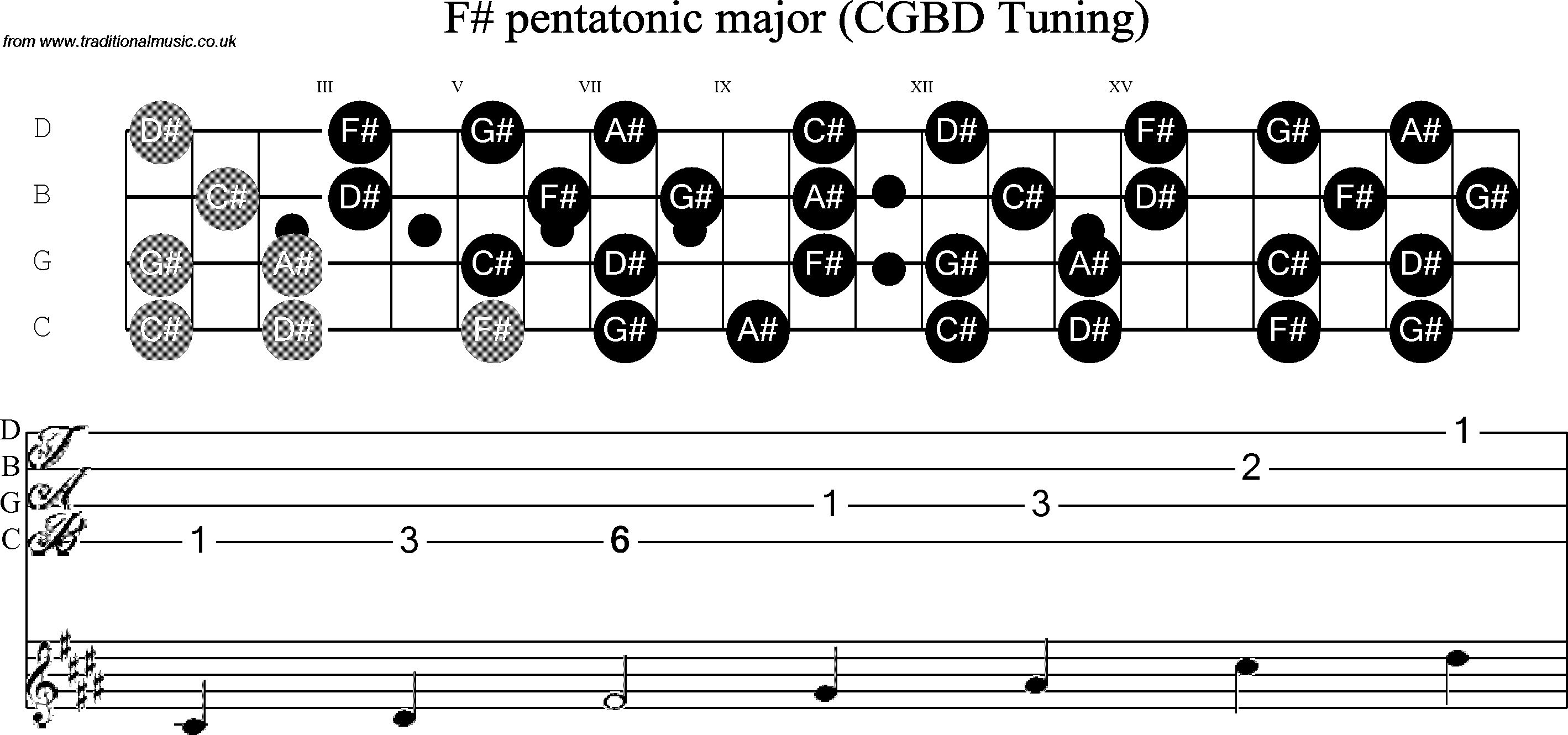 Scale, stave and neck diagram for Banjo(C / plectrunm tuned) F Sharp Pentatonic