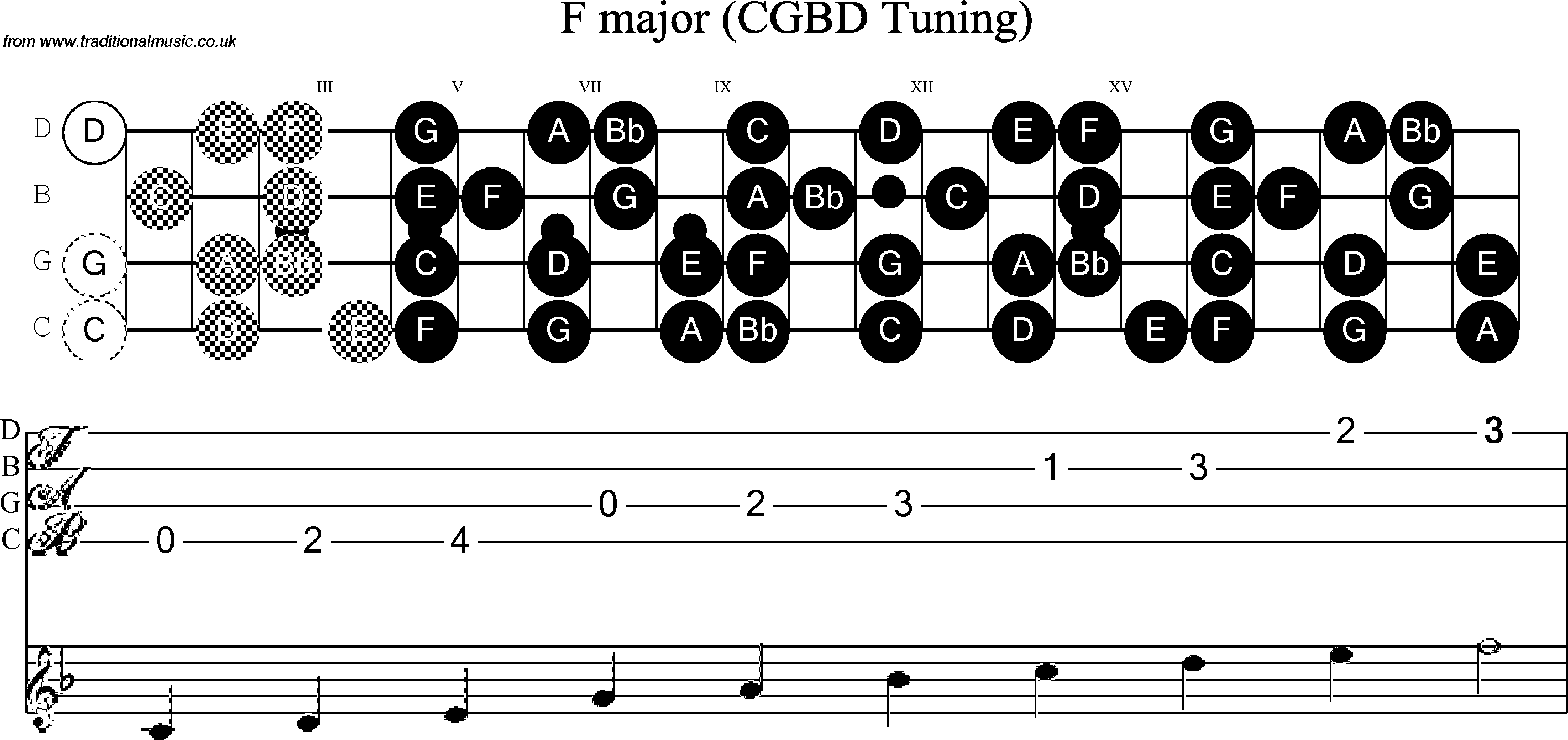 Scale, stave and neck diagram for Banjo(C / plectrunm tuned) F