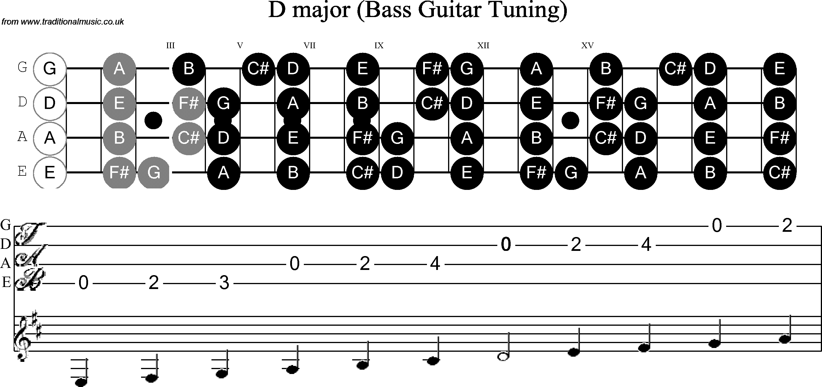 Scale, stave and neck diagram for Bass Scale D