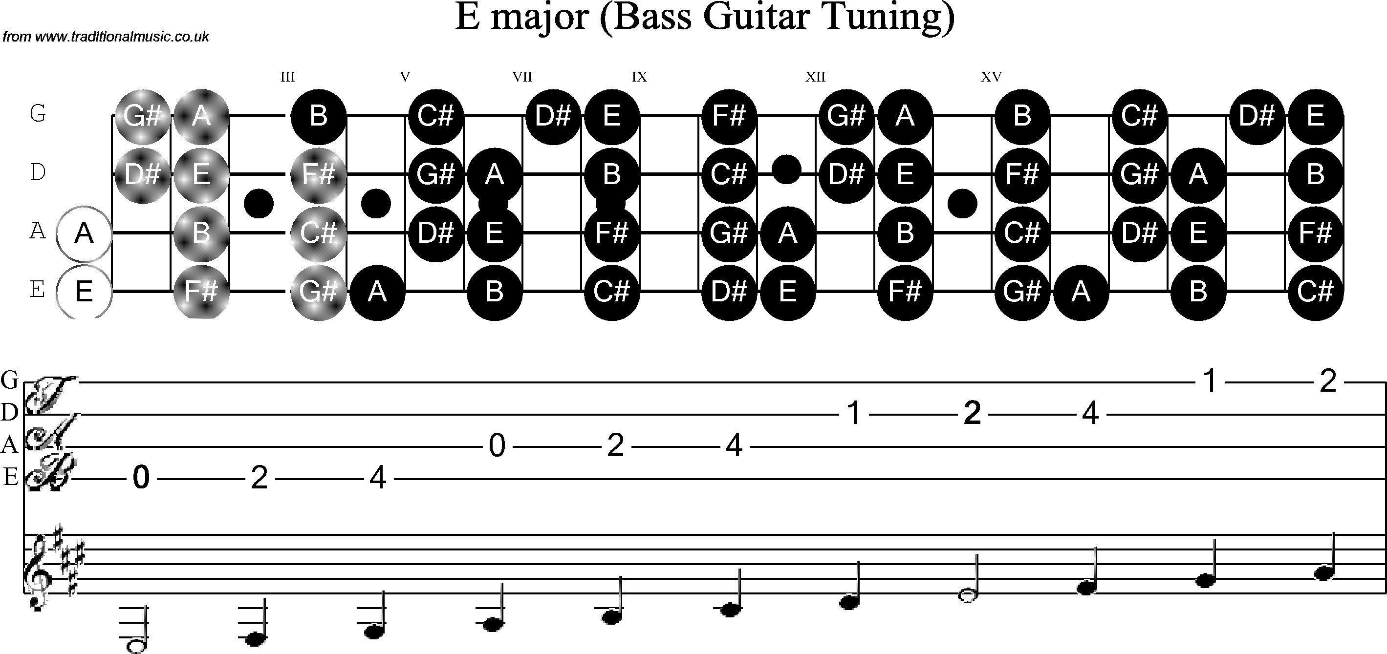 Scale, stave and neck diagram for Bass Scale E