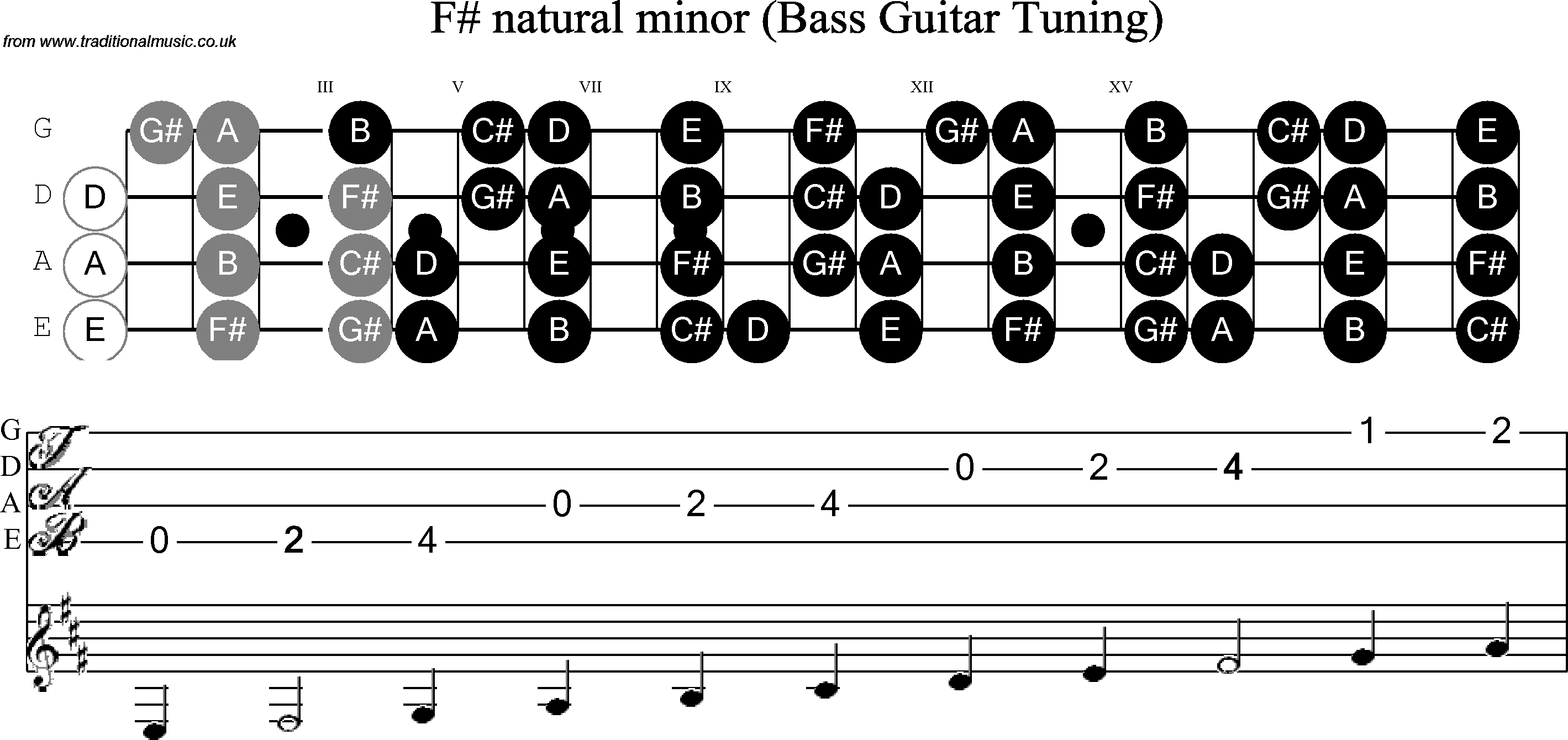 Scale, stave and neck diagram for Bass Scale F Sharp Minor