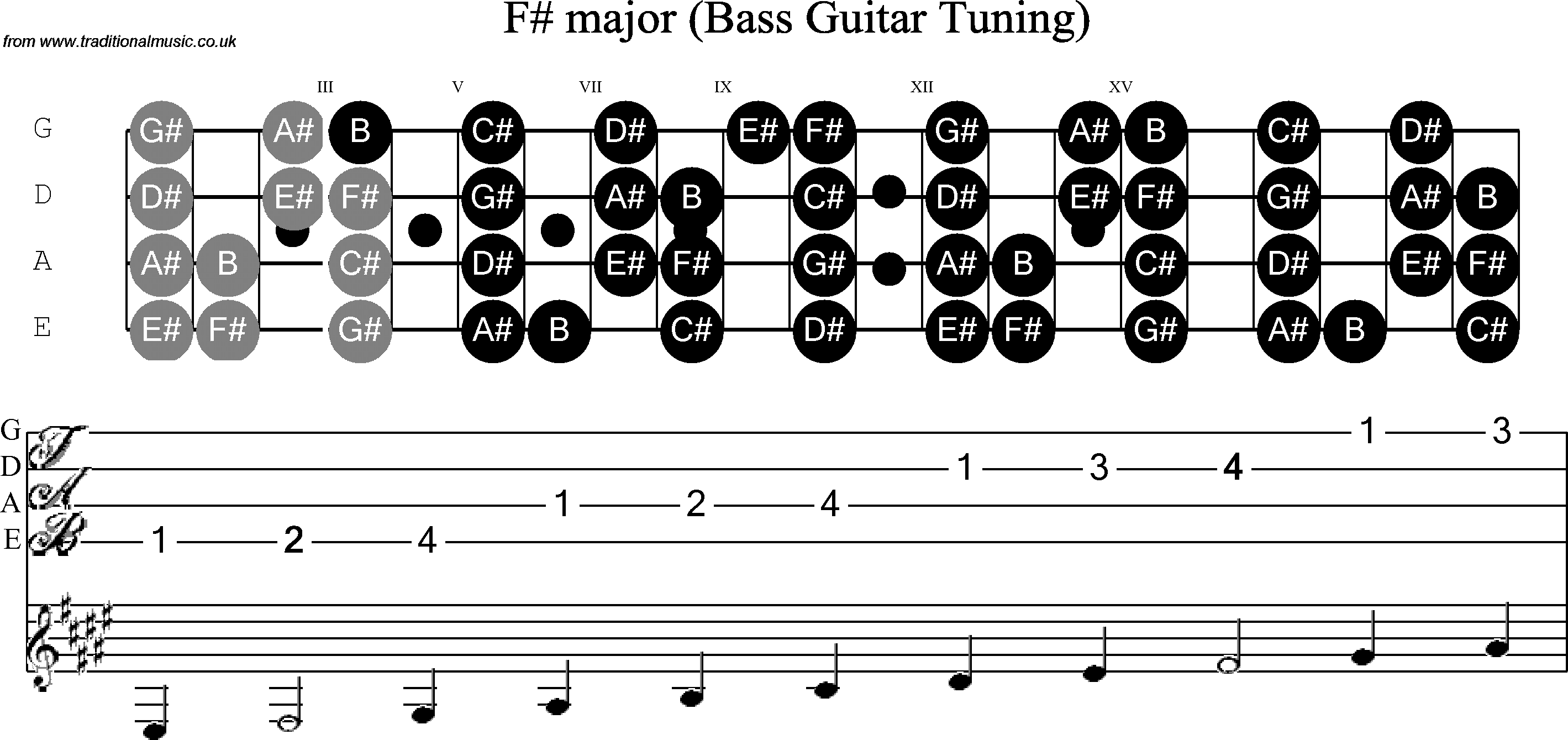 Scale, stave and neck diagram for Bass Scale F Sharp